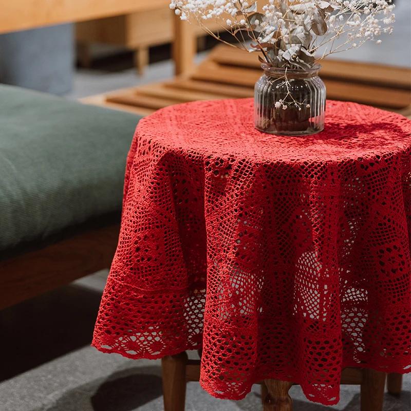 

Pastoral Crochet Tablecloth Hollowed Out Woven Circular Tablecloth Dining Table Cover Photo Background Party Table Decor 60cm