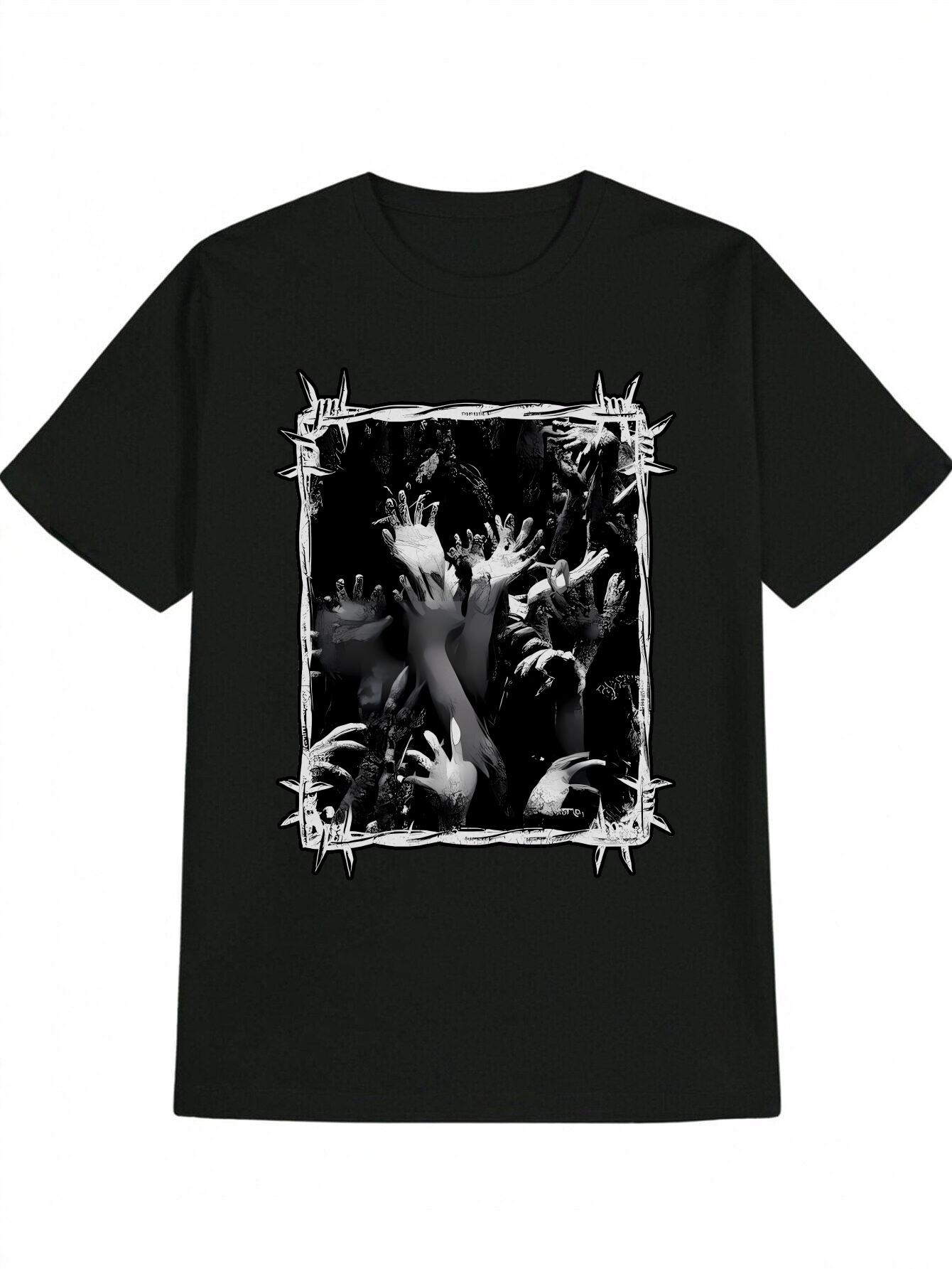 Casual Graphic T-shirt with Barbed Wire Hand Print - Black XXXL