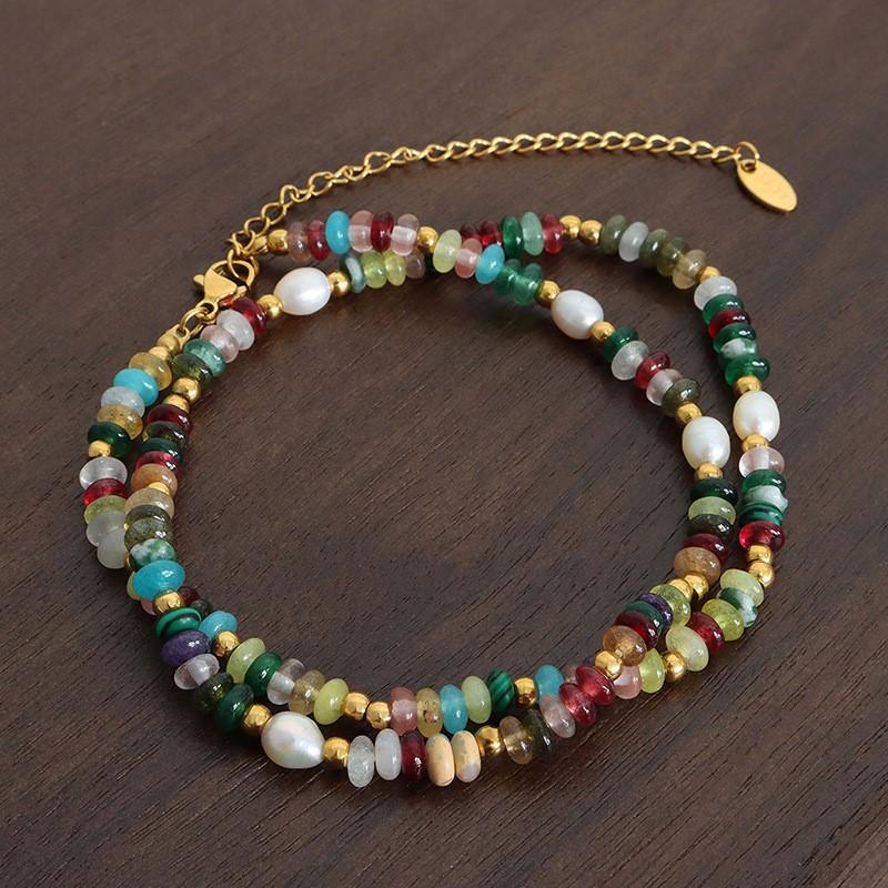 Freshwater Pearl Combining Natural Stone Beads Necklace Bracelet For Women Bohemia Colourful Women's Stainless Steel Jewelry Set
