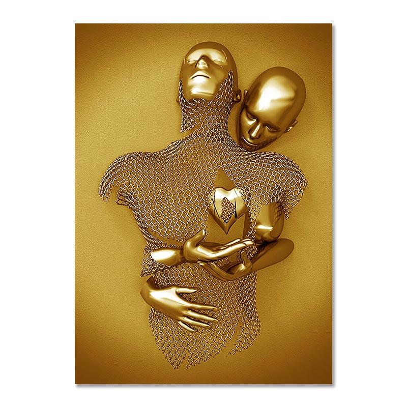 Metal Figure Statue Art Canvas Painting Golden Modern Lovers Sculpture Poster and Print Wall Pictures for Living Room Home Decor