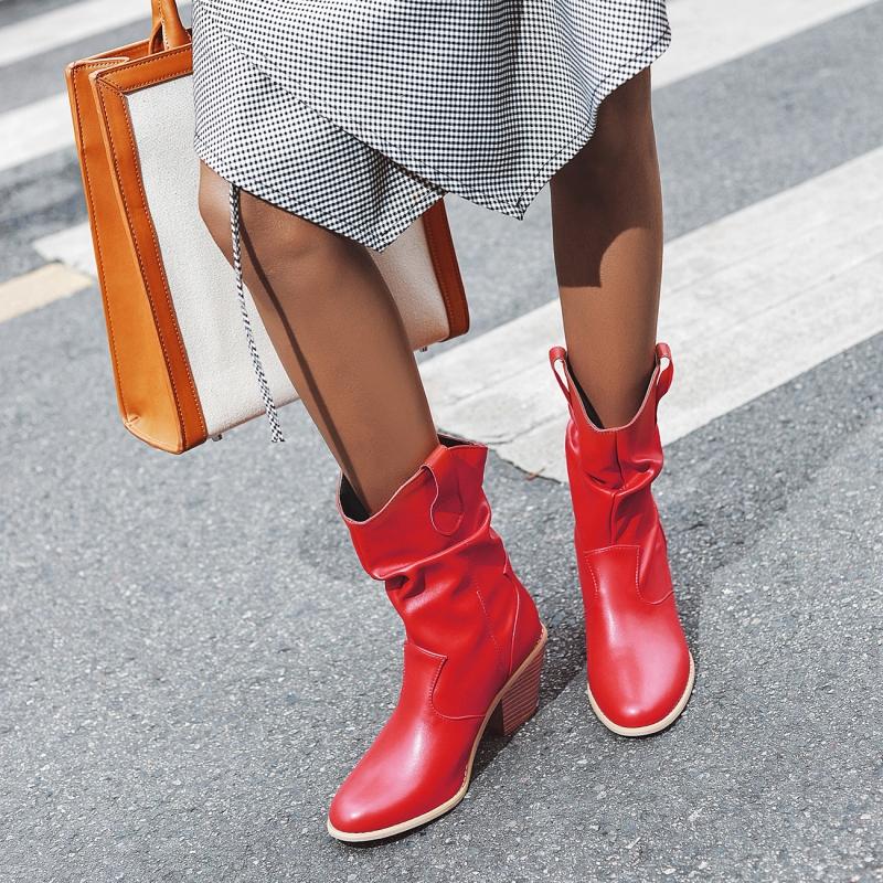 Bottines décontractées pour femmes, talons punk, noir, rouge, blanc, plissées, cowboy, cowgirls, automne, hiver, fête, chaussures courtes pour dames 2024