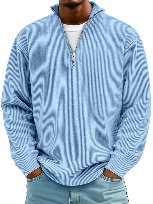Fall Winter Men's Stand Collar Zip Corduroy Long Sleeve Polo Shirt Retro Casual Pullover