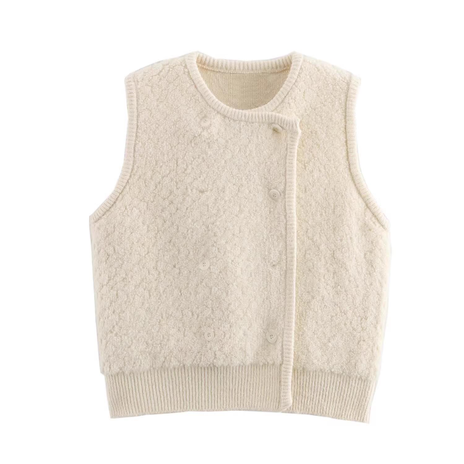 

Весна 2025 Женская европейская и американская мода Двубортный вязаный жилет без рукавов с круглым вырезом One Size бежевый