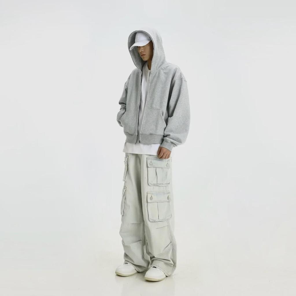 Unisex Retro Gray Hooded Sweatshirt with Double Zipper - Perfect for Spring & Autumn