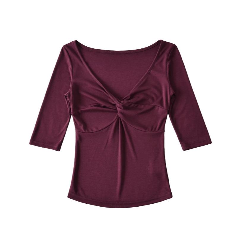 Deep V-Neck Kink Medium Sleeve T-Shirt Women's Summer New American Spice Girl Style Solid Color Slim Skinny Bottom Top