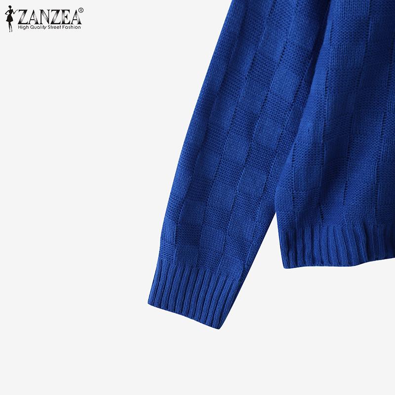 ZANZEA Womens Crew Neck Plaid Texture Casual Knitted Pullovers Sweaters Jumpers