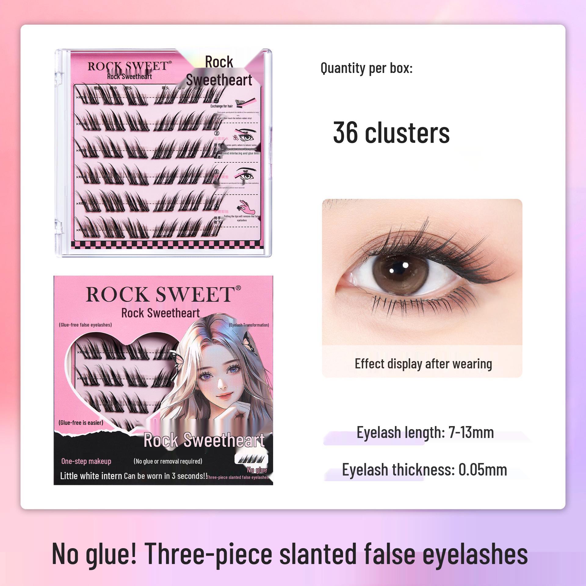 Rock Sweetheart Fox Style Three-Piece Natural False Eyelashes - Glue-Free, Single Cluster