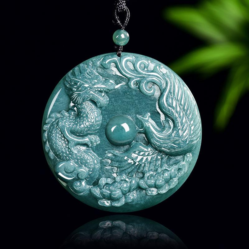Натуральный нефритовый синий кулон-ожерелье с изображением Дракона и Феникса для мужчин и женщин (Bead Top No. 4 Rope)