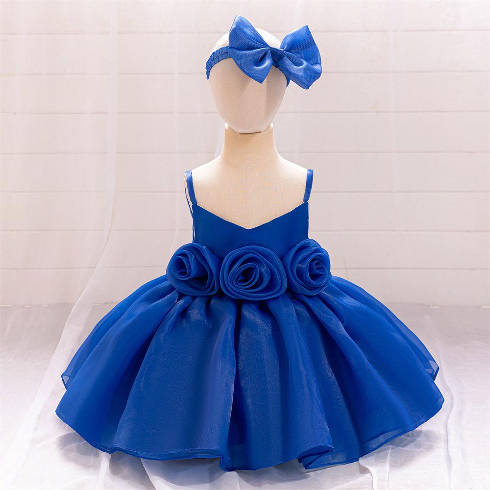 One-Year-Old Baby Princess Dress with 3D Floral Design for Special Events or Piano Performances
