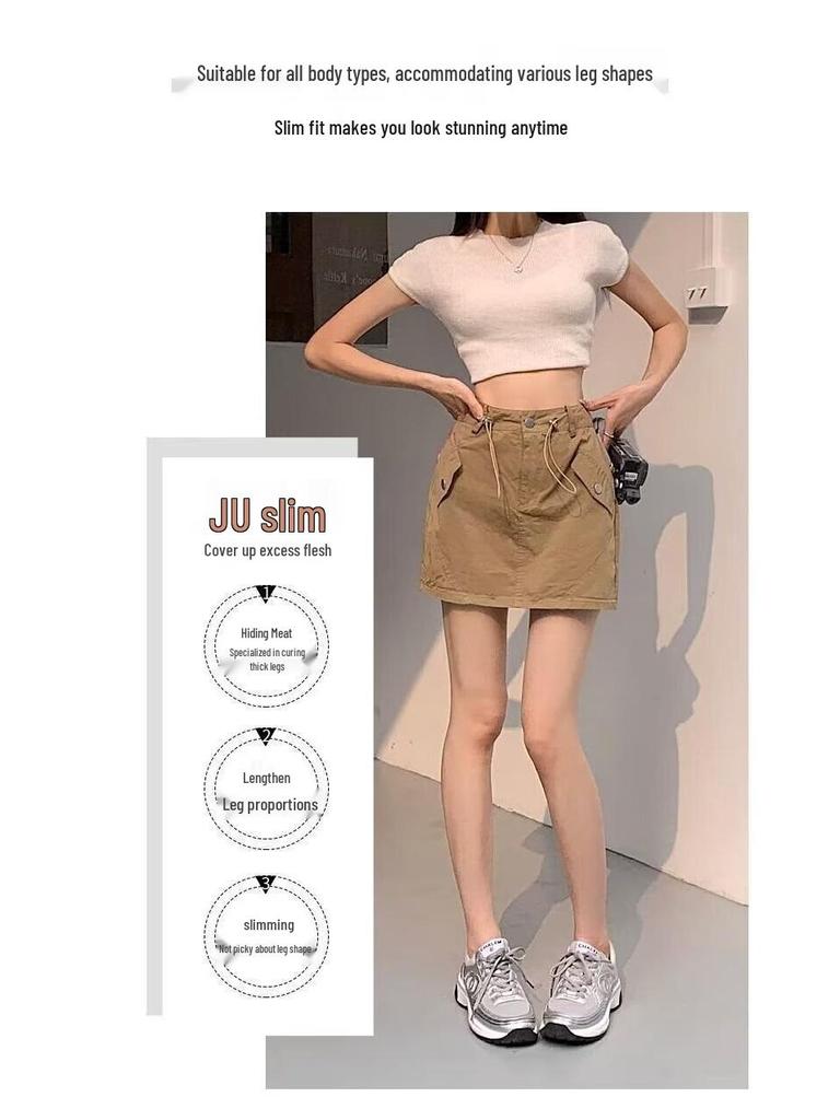 Women's High Waist Gray Workwear Mini Skirt with Drawstring Design