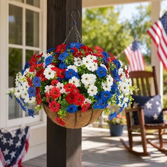 Artificial Outdoor Flower with Hanging Baskets, Red White Blue Fake Flower Planter, Patriotic Decor for 4th of July, Porch Garden