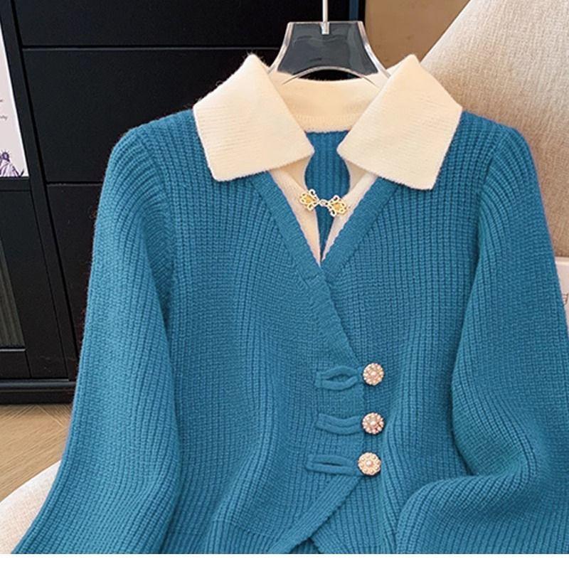 Autumn Design Splicing Two Cardigans Temperament Sweater Knitted Top Versatile Autumn and Winter Coat