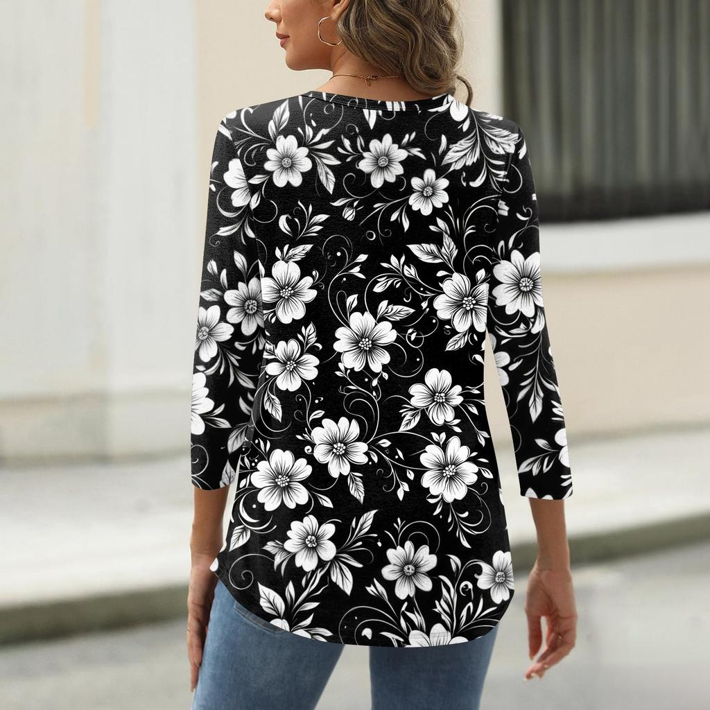 Women's T Shirt Print Button 3/4 Sleeve Daily Weekend Fashion Basic V- Neck Regular Top