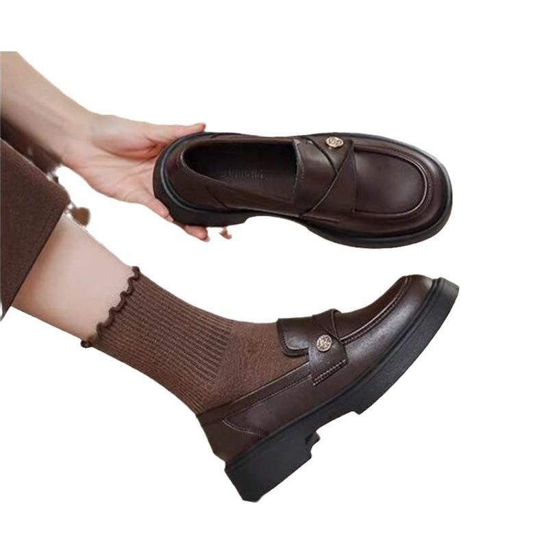 Soft Leather Gold Coin Loafers Women's British Style 2025 Autumn New Thick Heel Single Shoes Platform Sole Small Leather Shoes
