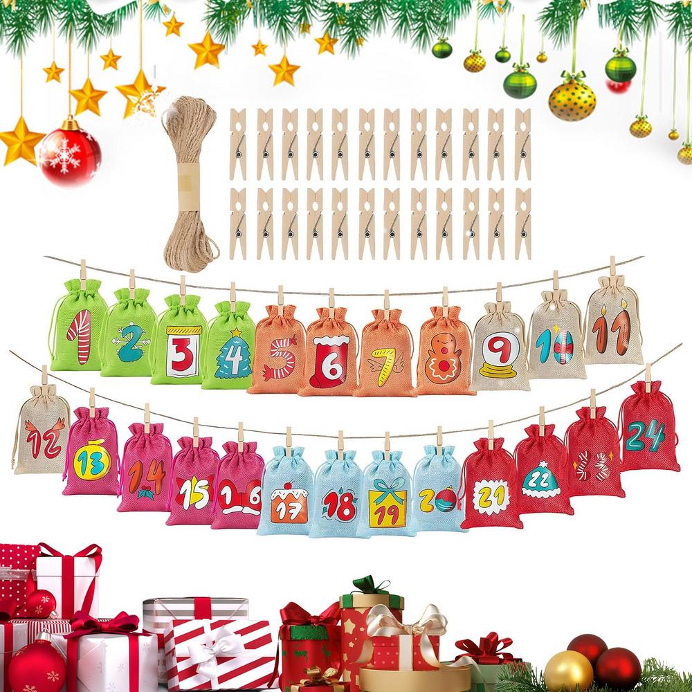 

Empty Calendar Advent Bags Christmas Countdown Reusable 24-Day Empty Drawstring Bags With Numbers For Wedding Holiday Birthday 14x10cm