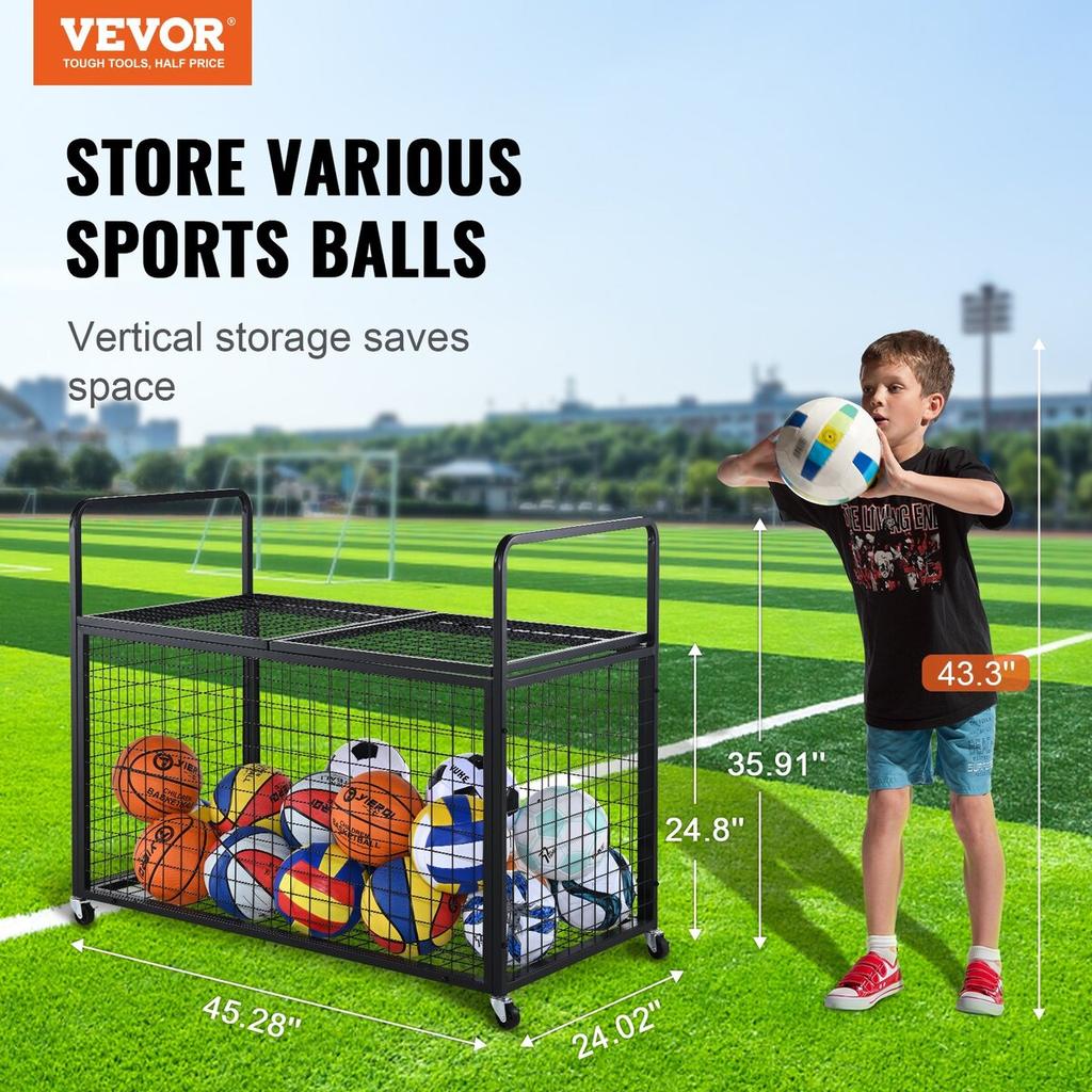 Rolling Sports Ball Storage Cart, Lockable Basketball Cage with Double Lids, Sport Equipment Holder Organizer for Indoor Outdoor, Steel Storage Rack
