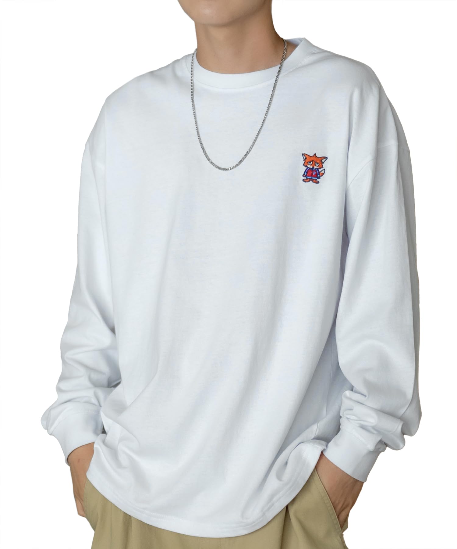 

IMPROMES Casual SIDEWAYSTANCE Embroidered Downer Fox Long Sleeve T-Shirt, Men s, White