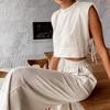 Fashion Cotton Linen Suit Women's Summer Shoulder Pads Sleeveless Top Trousers Two-piece Set
