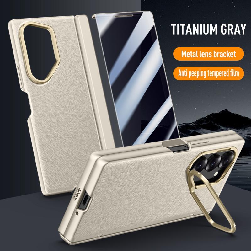 Magnetic Metal Ring Bracket Phone Case for Samsung Galaxy Z Fold 6 5G with Lens Stand Skin Feel Leather Hinge Protective Cover
