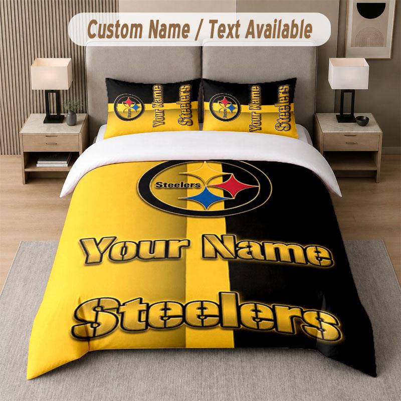 Custom Bedding Set Pittsburgh Steelers Pattern, Print Name Text 1 Duvet Cover Plus 2 Pillowcases Home Textile