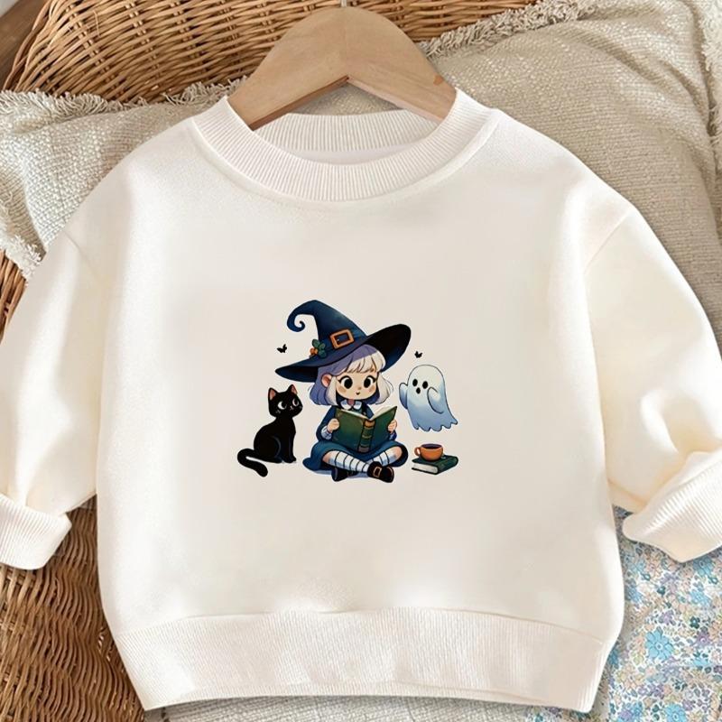 Kids Crewneck Sweatshirt, Cute Witch Hat Graphic Print, Spring Autumn Casual Tops