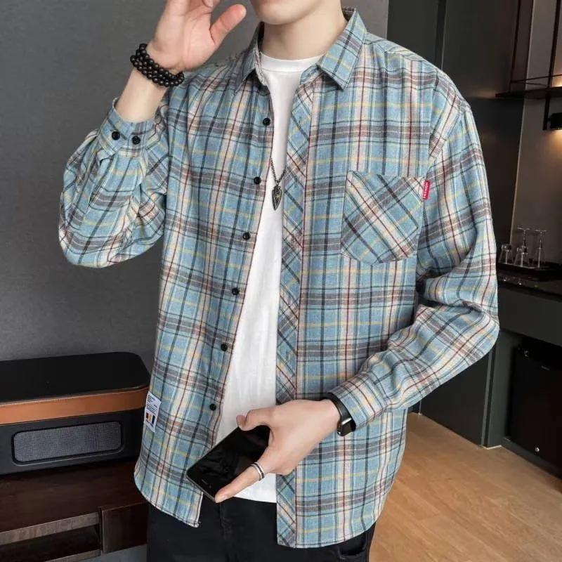 Spring Autumn Men's Long-sleeved Lapel Plaid Shirt Men's Versatile Retro Casual Shirt Blouse Jacket Men's Striped Plaid Shirt