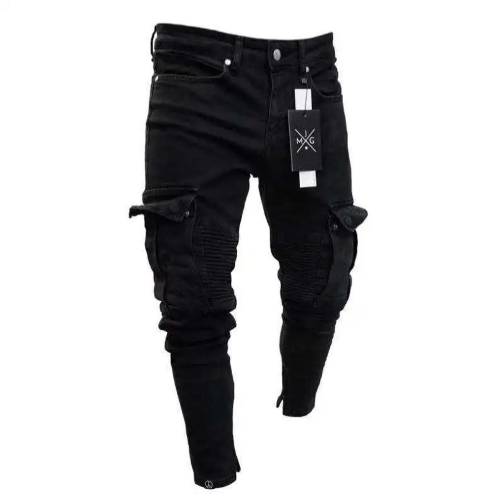 DRIPX Street Elastic Jeans Men Denim Cargo Pants Wash Solid Color Multi Pockets Casual Mid Waist Trousers Slim Fit Daily Wear Joggers