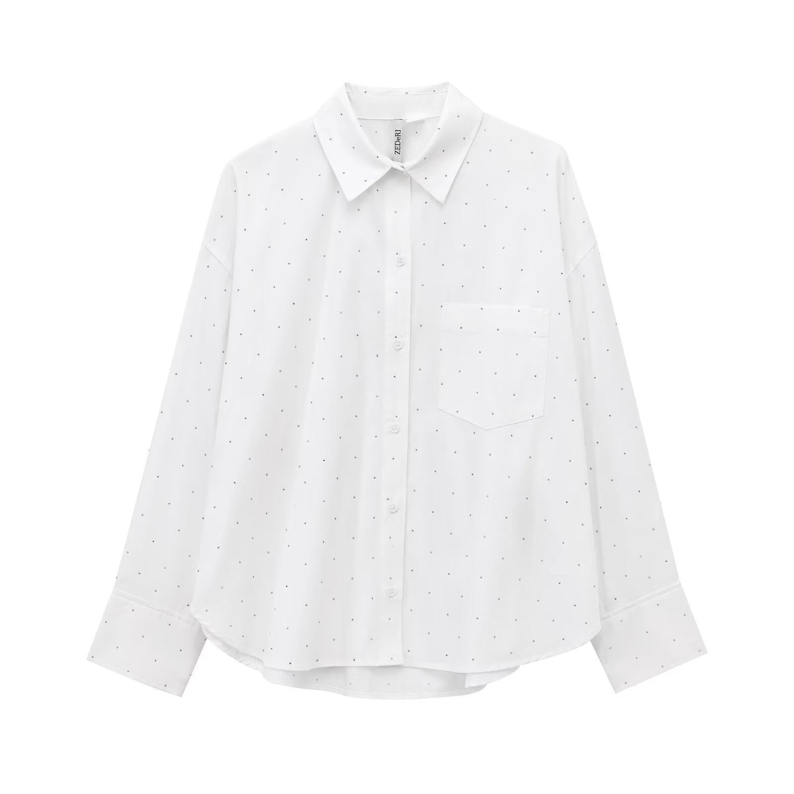 

Зима 2024 Женская рубашка оверсайз со стразами - Мода в европейско-американском стиле XS белый