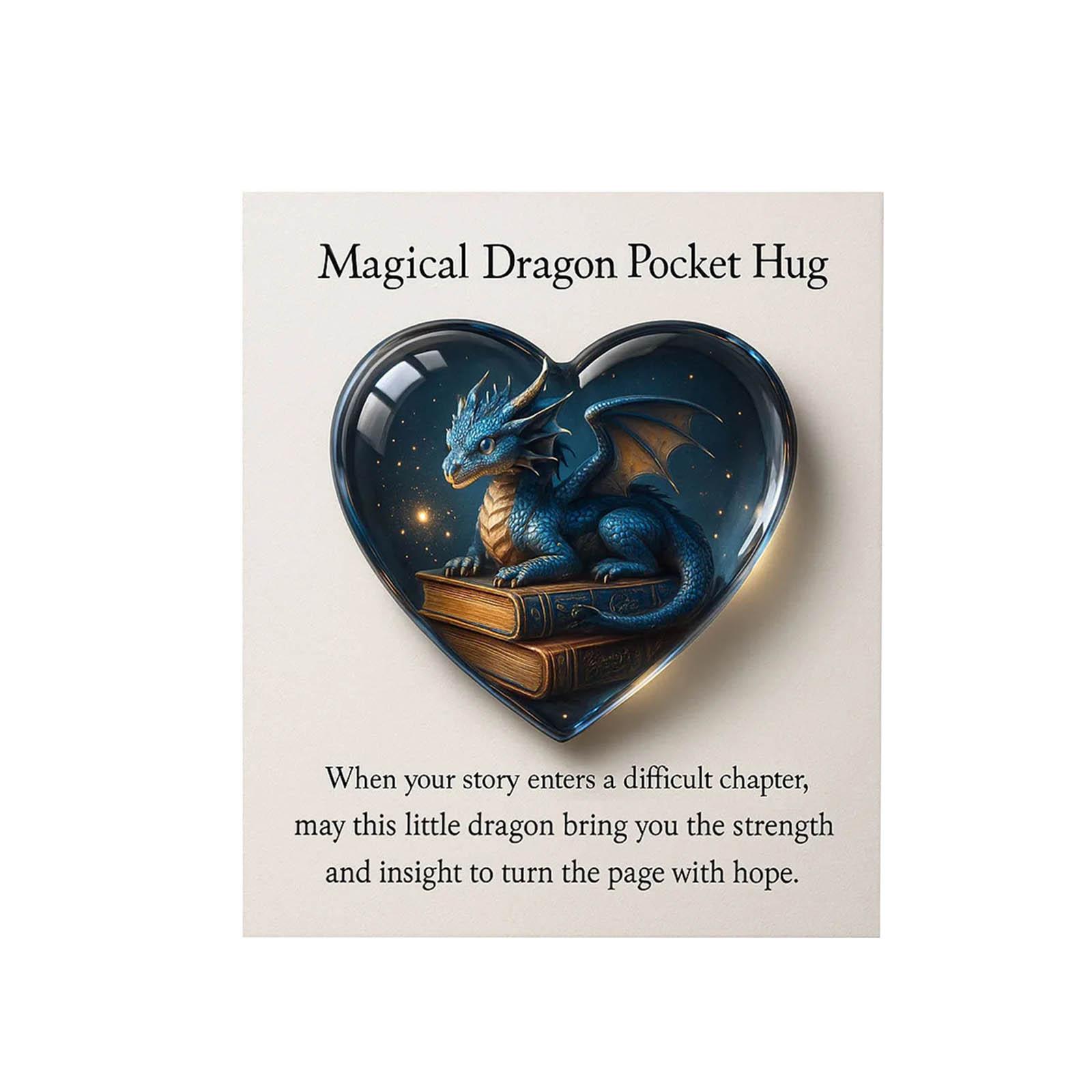 Magical Dragon Pocket Hug Heart Shaped Figurine Sitting on Books with Gift Card Inspirational Message Unique Small Dragon Collectible Gift One Size синий