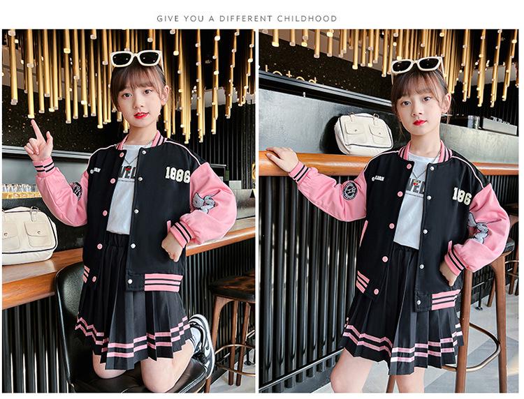 Trendy Korean-Style Baseball Uniform for Girls - 2025 Spring & Autumn Pleated Skirt, College Style for Middle & Large Children