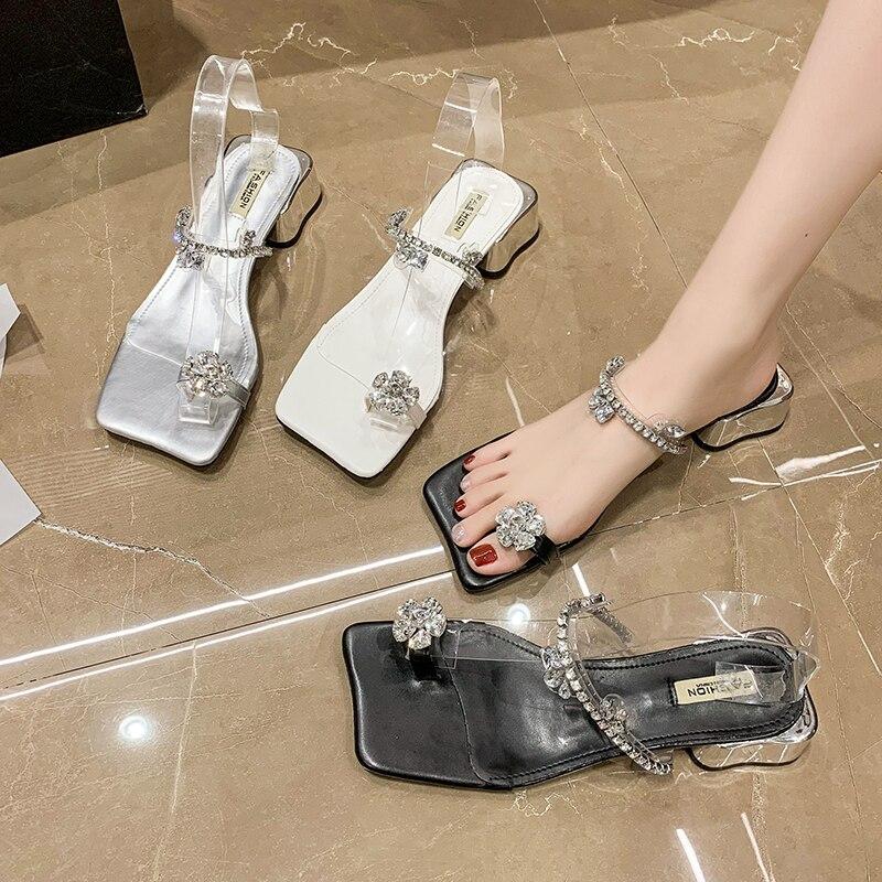 Women Slippers Casual Mules Square Mid Heels Round Toe Women Shoes Bright Crystal Flower Summer Slippers Plus Size