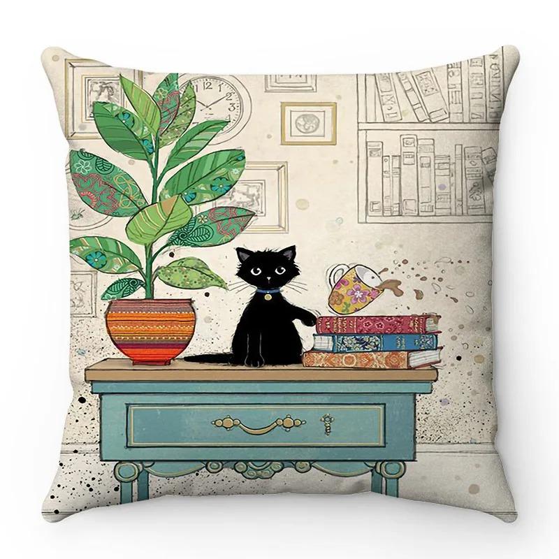 Cartoon kleine schwarze Katze niedliches Haustier Märchenmuster Serie Sofakissenbezug Heimdekoration Wohnzimmer Büro Auto Kissenbezug