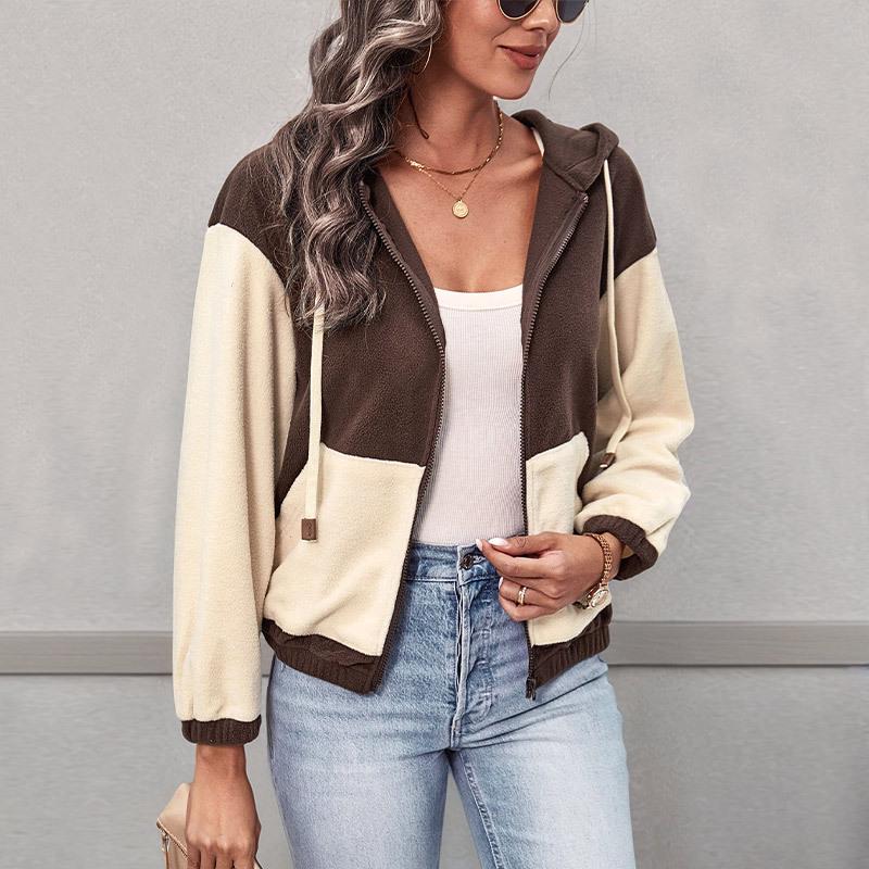 2025 Autumn/Winter Retro Patchwork Fleece Hooded Jacket for Women
