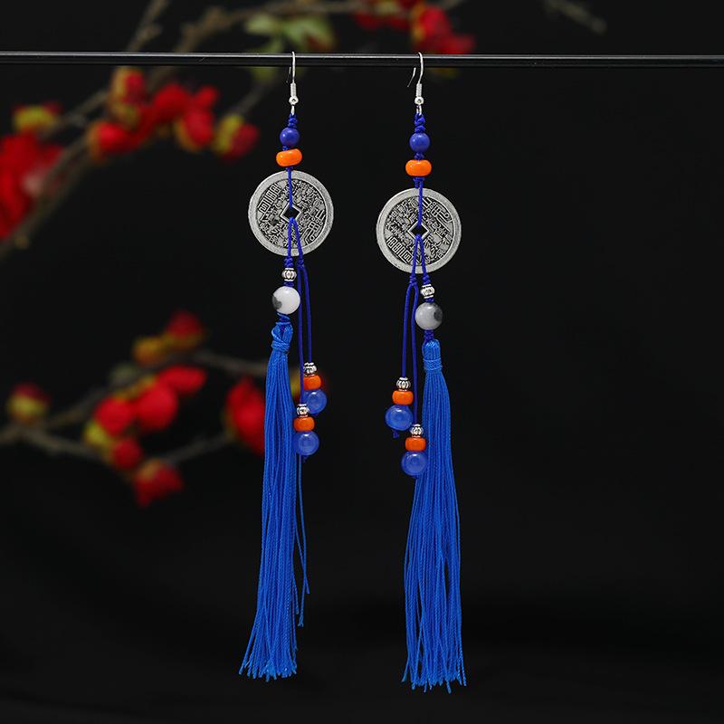Original Mountain Ghost Spends Money On Copper Coin Earrings, Women's Antique Hanfu Long Fringed Earrings, Niche Design Earrings.