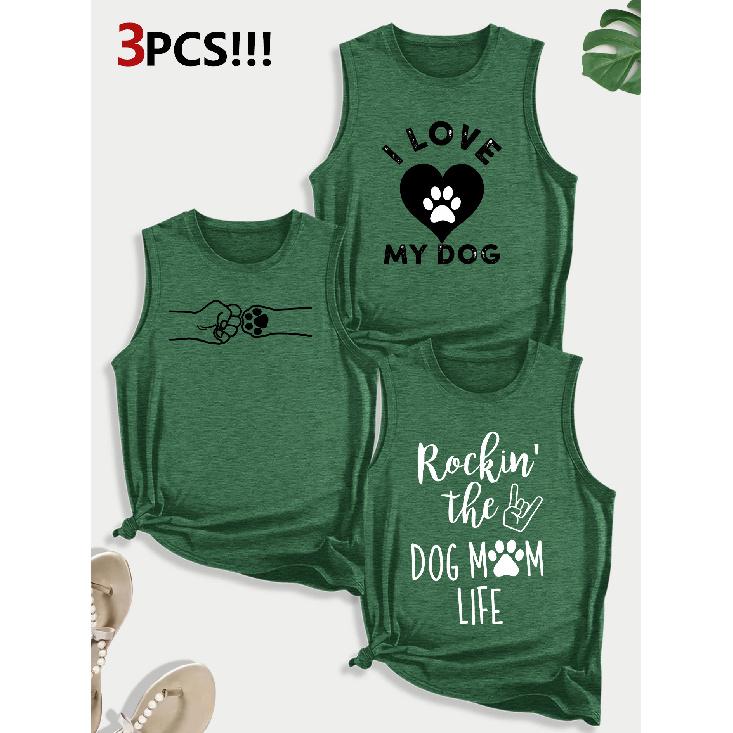 Dog Lover Paw Print Combination Gift Printed Pattern Round Neck3Pack of Sleeveless Vests for Women In Spring, Summer, and Autumn