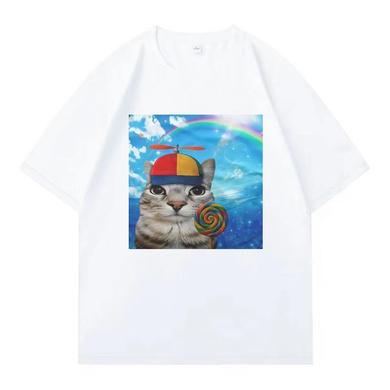 Silly Cat Meme Printed T Shirt Summer Hip Hop Unisex Crewneck Short Sleeve Casual Y2k Graphic Tshirt Clothing Tops