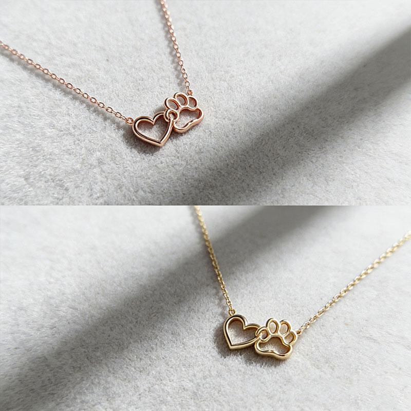 Dainty Heart and Pet Paw Hollow Gold Plated Brass Link Chain Pendant Necklace for Women Party Fashion Jewelry
