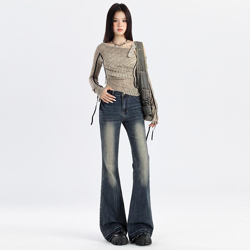Women's High-Waisted Stretch Retro Flare Jeans with Raw Hem - Spring 2026 Collection