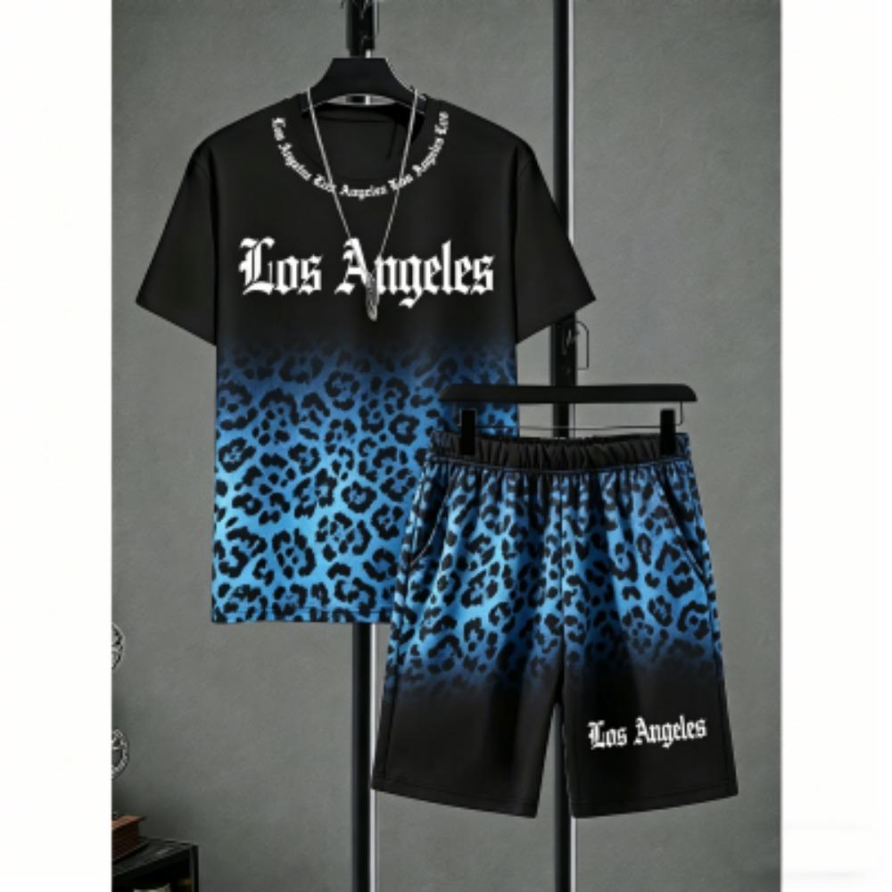 Fun Men's Set Letter Leopard Colorful Printed Men's T-shirt and Shorts 2 Piece Set Summer Casual Outdoor Men's and Women's T-shirt Sets