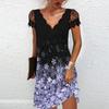 Frauen Drucken V-ausschnitt Spitze Nähte Kurzen ärmeln Kleid Sexy Mode Sommer Plus Größe Casual Kleid