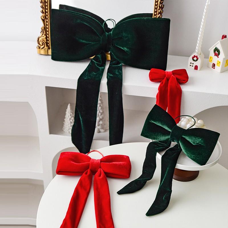 40cm Christmas Velvet Bow Tree Hanging Ornament Long Ribbon Window Display Pendant New Year Christmas Tree Fireplace Doors Decor