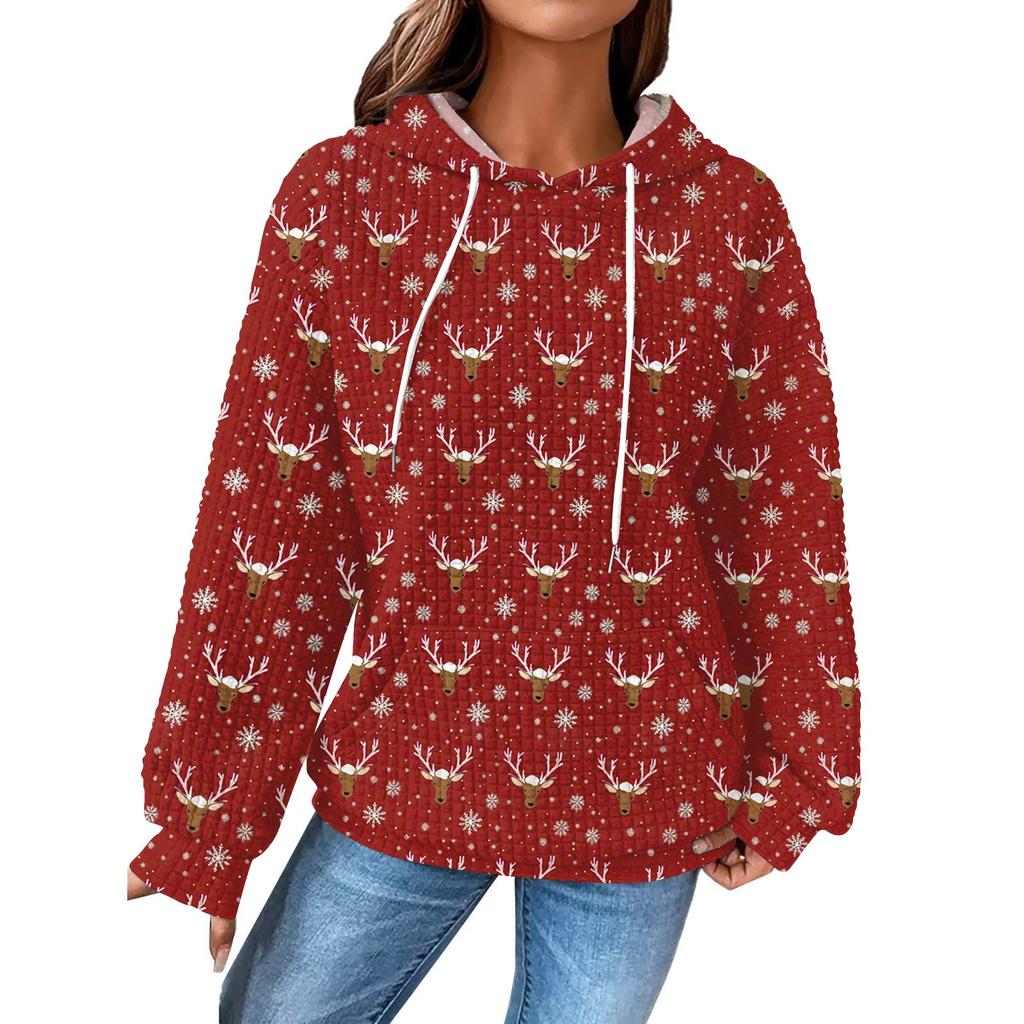 Women's Fashion Loose Hooded Pullover Long Sleeve Plaid Sweatshirt With Drawstring, Drop Shoulder, Pocket, Christmas Print Top