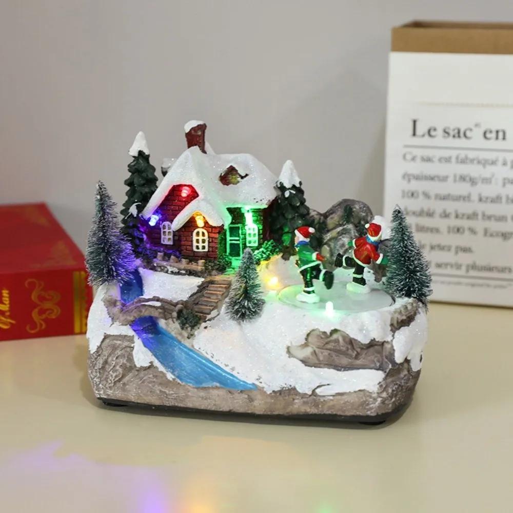 Resin Christmas Village Houses LED Light Snow View New Year Micro Landscape Santa Claus Craft Xmas Ornament Festive Atmosphere