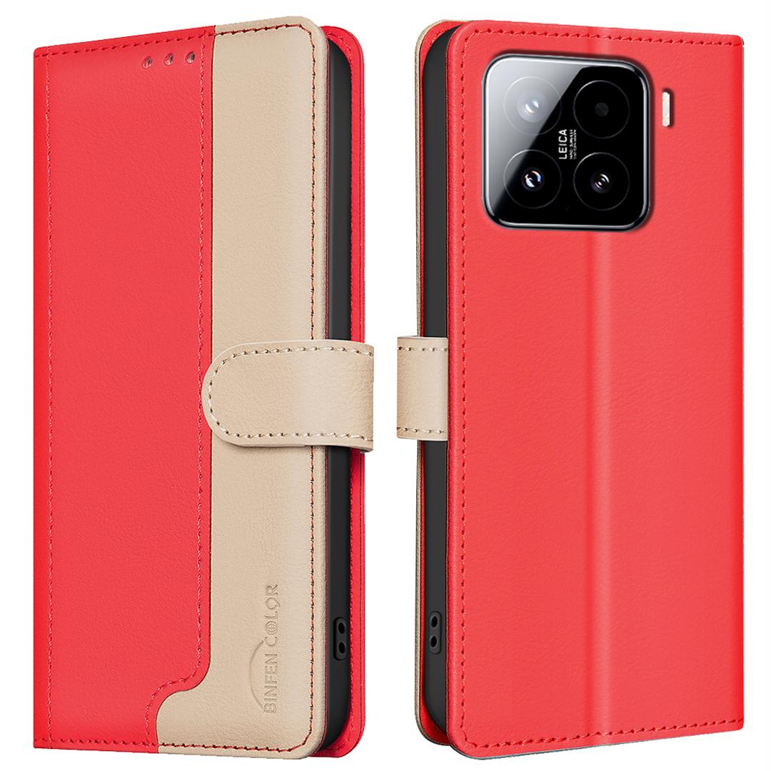 

BINFEN COLOR BF33 for Xiaomi 15 Leather Case Splicing Color RFID Blocking Red