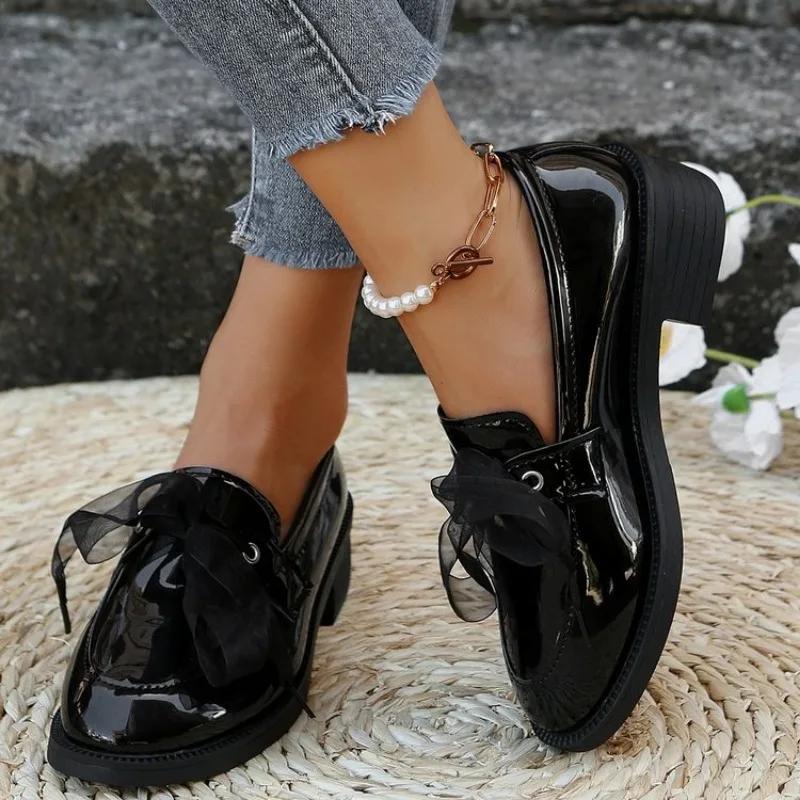 Women Chunky Loafers Fashion Bowknot Patent Leather Mid Heels Shoes 2024 Autumn Female New Brand Designer Pumps Mujer Zapatillas