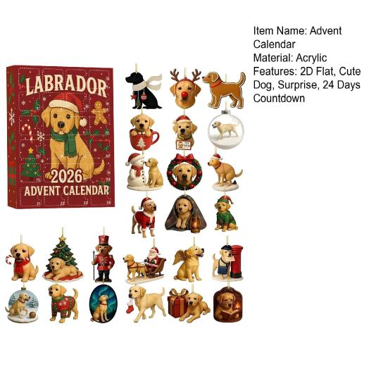 Feiertags-Hängeanhänger 2026 Labrador Adventskalender, 24 Tage 2D Flache Acryl-Hunde-Ornamente Weihnachtsbaum-Dekoration Countdown Sammlerstück