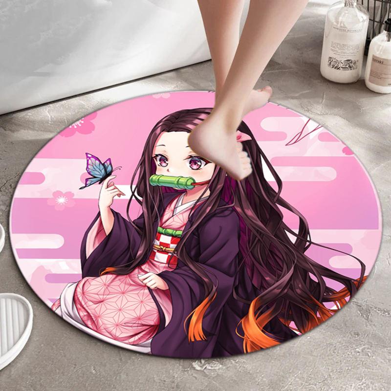 Classic Japanese-style Cartoon Demon Slayer Round Rug, Home Soft Decorative Anti-slip Yoga Mat and Chair Mat, Outdoor Floor Mat Carpet K13
