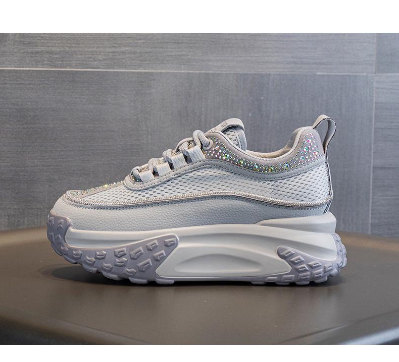 Breathable Mesh Rhinestone Thick-Soled White Dad Sneakers for Women