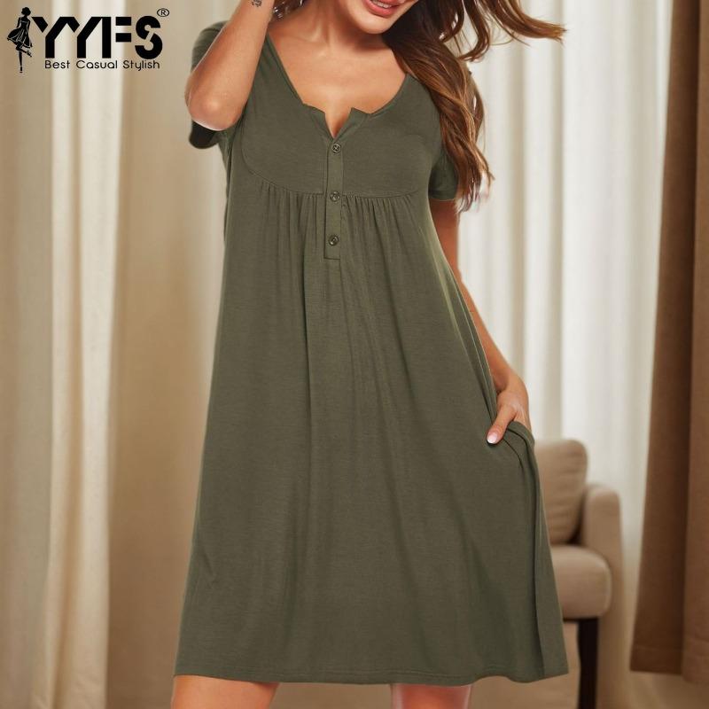 YYFS Women's Fashion Solid Color Print Summer Spring Short Sleeve V-Neck Loose Waistline Casual Dresses