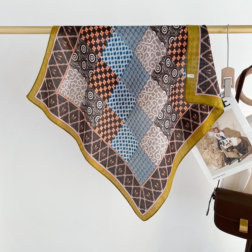 Vintage Geometric Herringbone Silk Cotton Small Square Scarf Women's Autumn Fashion Decoration Suit Scarf Headband Bag Silk Scarf